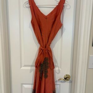 NIC + ZOE Orange Sleeveless Tie Waist Dress Embroidered Cutout Hem Size 10